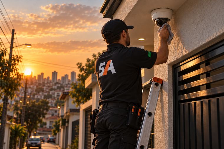 Técnico da Comercial 5A limpando a lente de câmera dome na fachada, em cima de escada