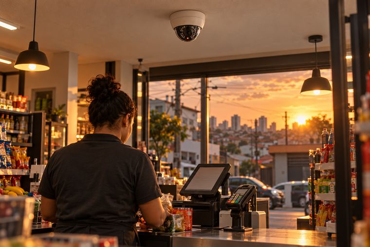 Caixa de loja de rua com câmera dome instalada no teto, logo acima do balcão